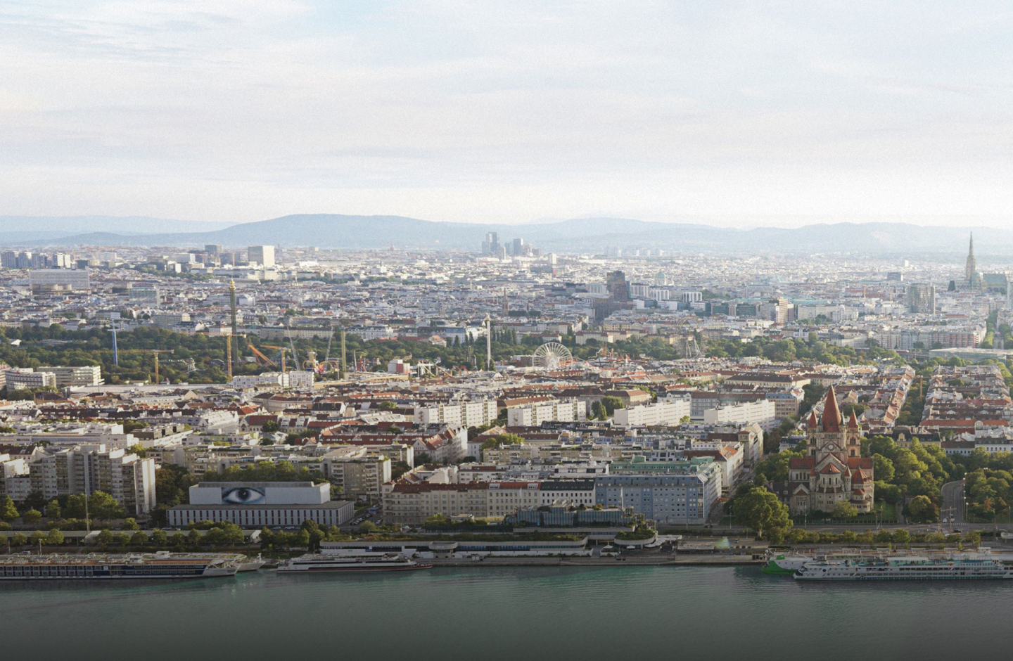 Die Skyline der Stadt Wien mit Donaufluss.