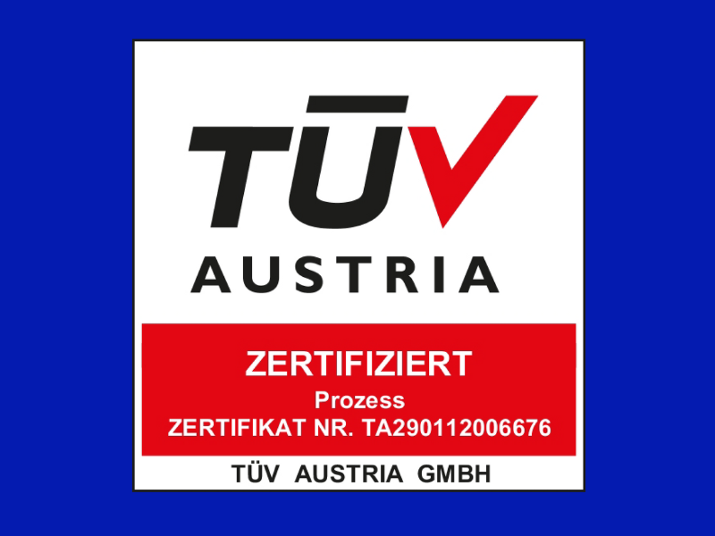 Eine TÜV-Austria Zertifizierung des fairen Credits auf blauem Hintergrund.