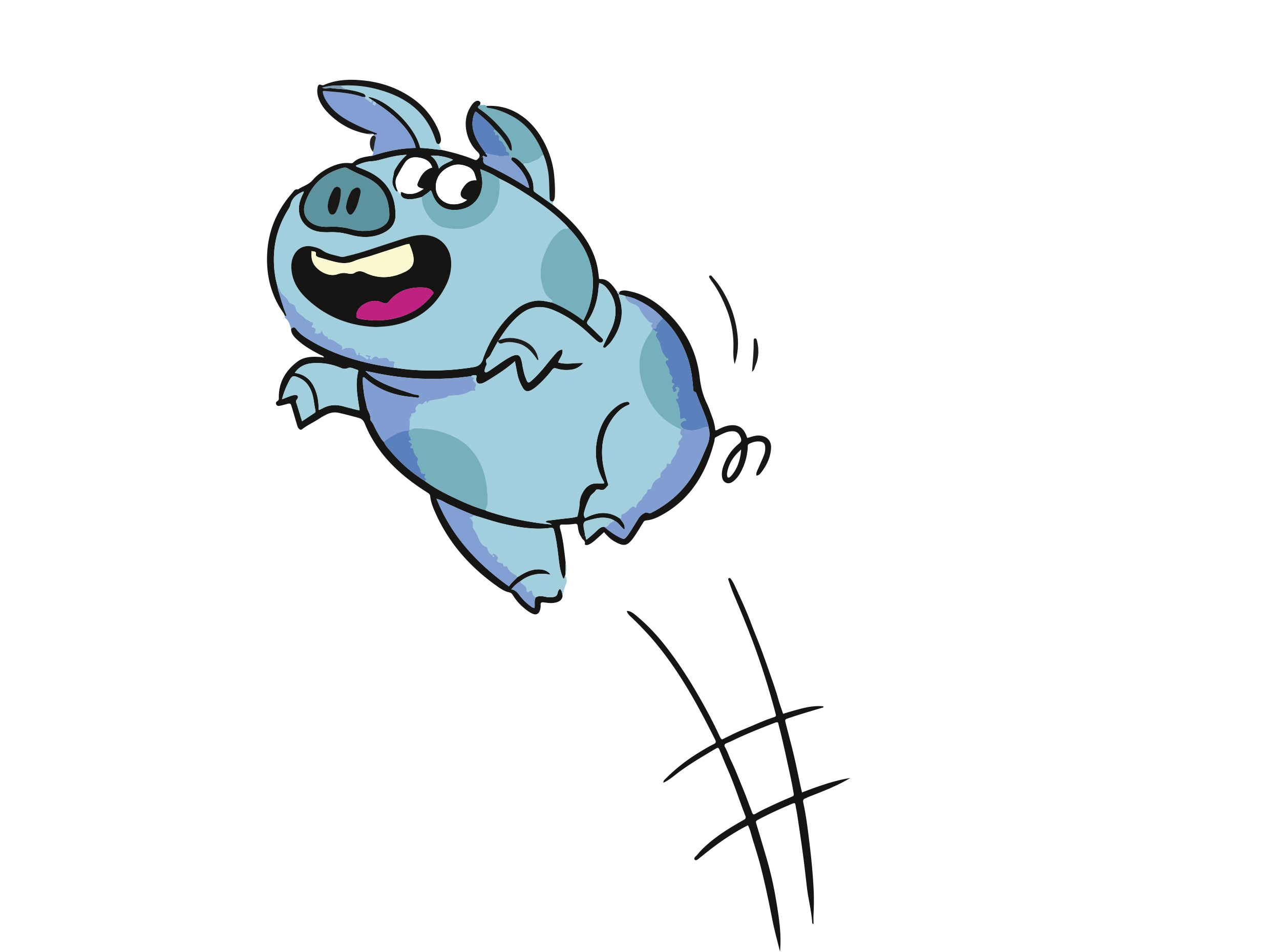 Das Schwein Rübe aus den Klara & Anton Comics springt.